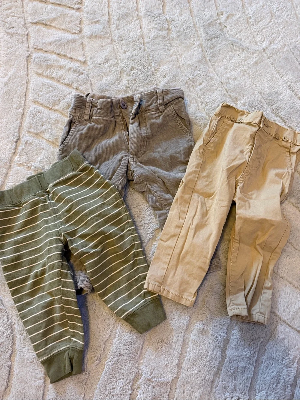 12 month Kids Neutral & Olive Bottoms Trio - Beige, Olive, Gray Pants